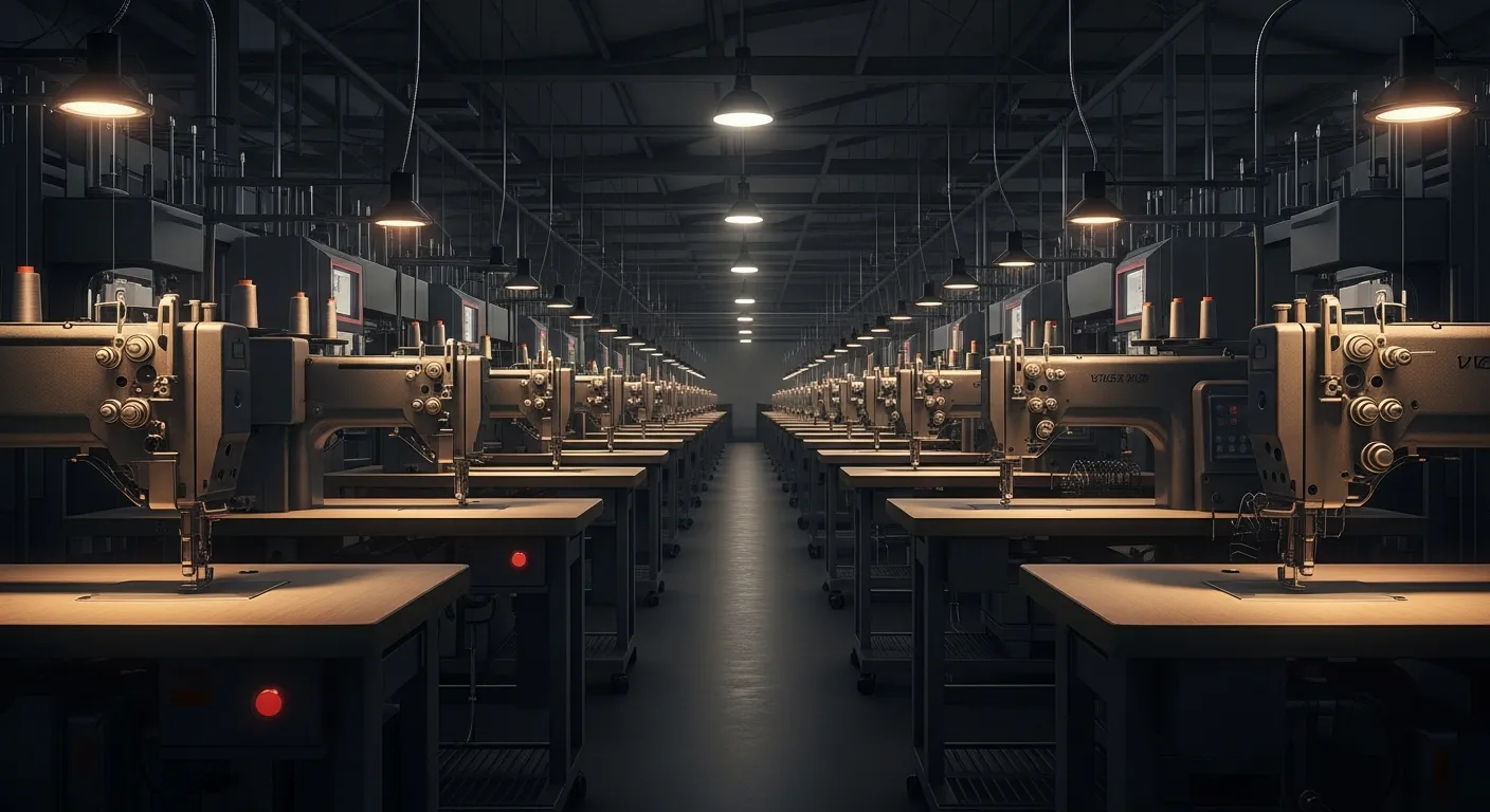 Un largo pasillo de estaciones de costura industrial automatizadas en una planta de fabricación con poca luz