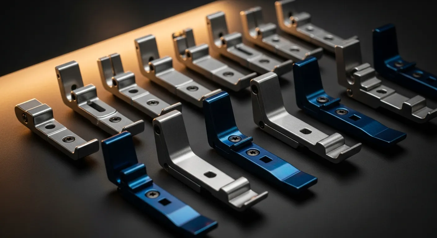 A precision-machined steel binding folder guiding fabric tape into an industrial sewing needle